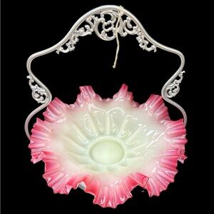 Cranberry Pink Silvercrest Ruffled Uranium Glass Antique Brides Basket